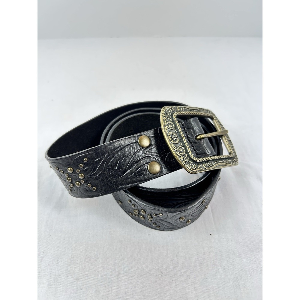 Vintage Y2K Fossil Black Leather Floral Embossed Studed Western Belt Size Medium